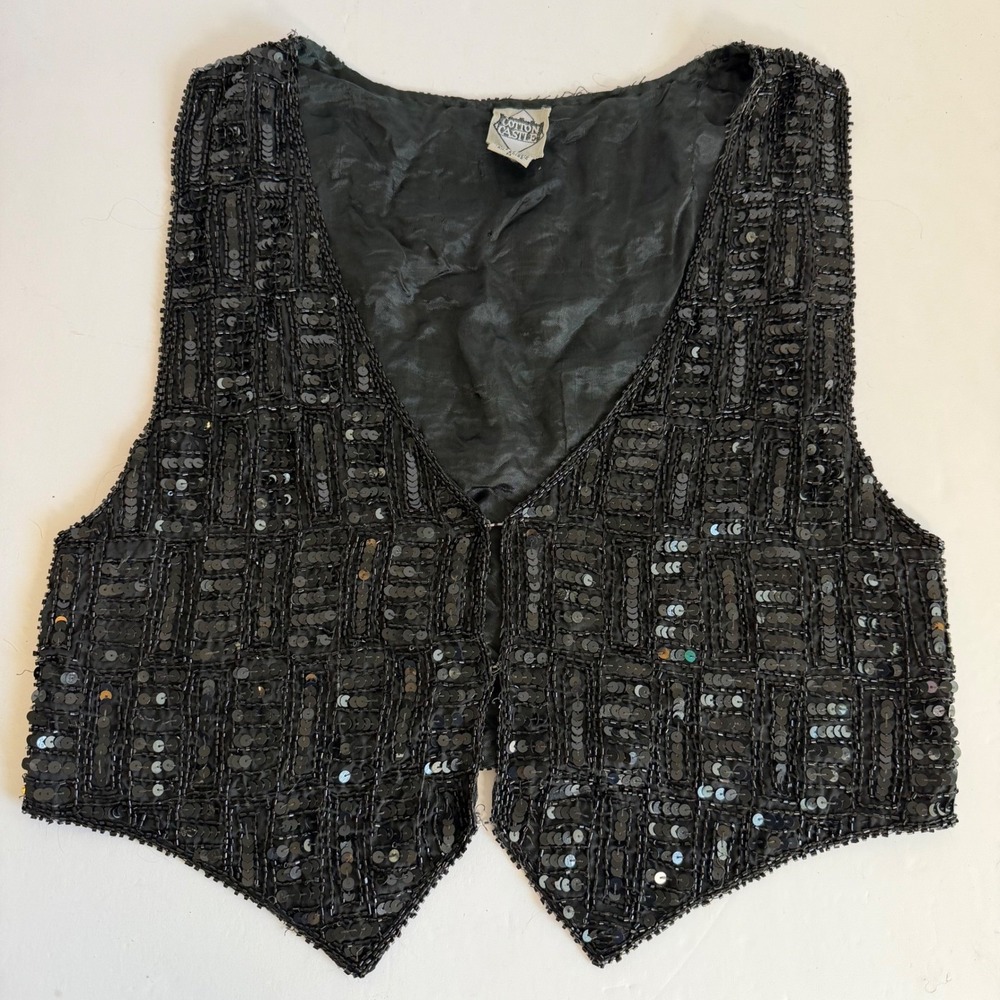 Vintage Silk Beaded Sequin Vest Black Medium Goth‎ Party 90s Glam Witchy